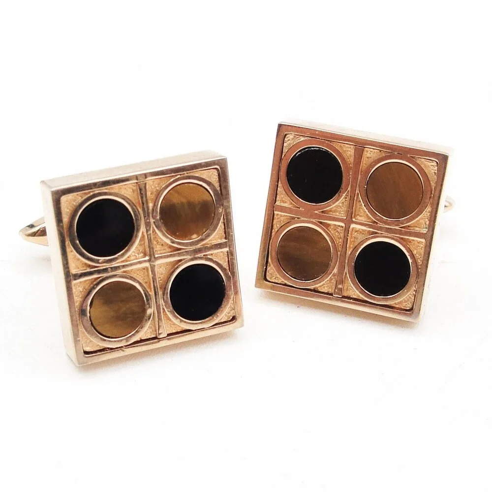 Vintage Swank Tiger Eye Black Onyx Cufflinks Square Checkerboard Geometric MCM